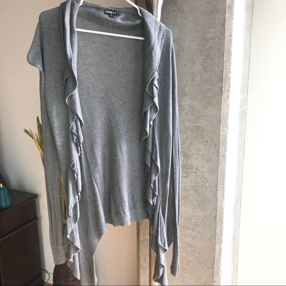 Express Grey Sweater w Ruffles Open front Cardigan